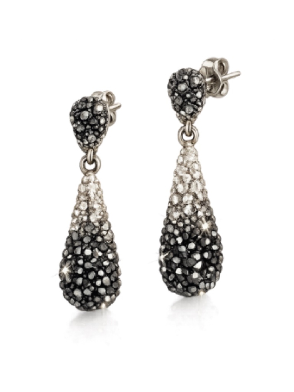 Black & White Pave Crystal Drop Earrings – Ombre Teardrop, 1.5" Drop